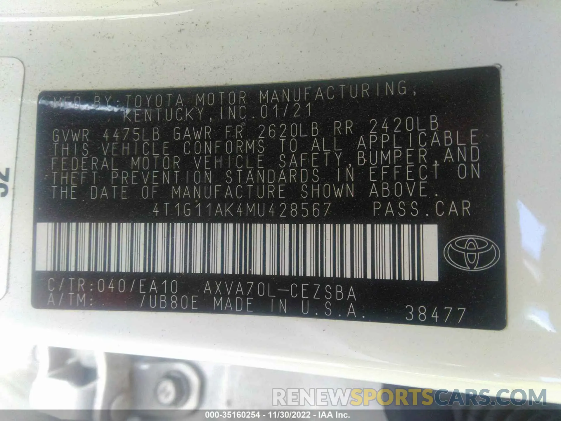 9 Фотография поврежденного автомобиля 4T1G11AK4MU428567 TOYOTA CAMRY 2021