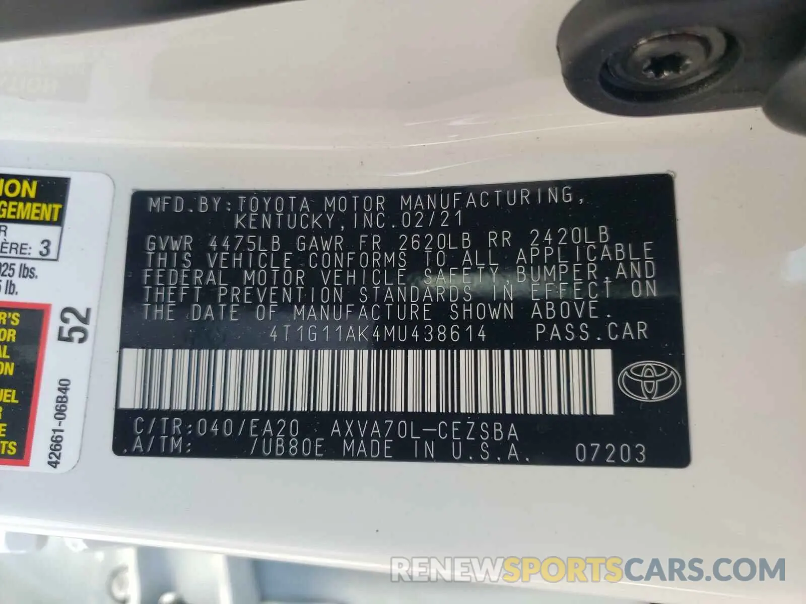 10 Photograph of a damaged car 4T1G11AK4MU438614 TOYOTA CAMRY 2021