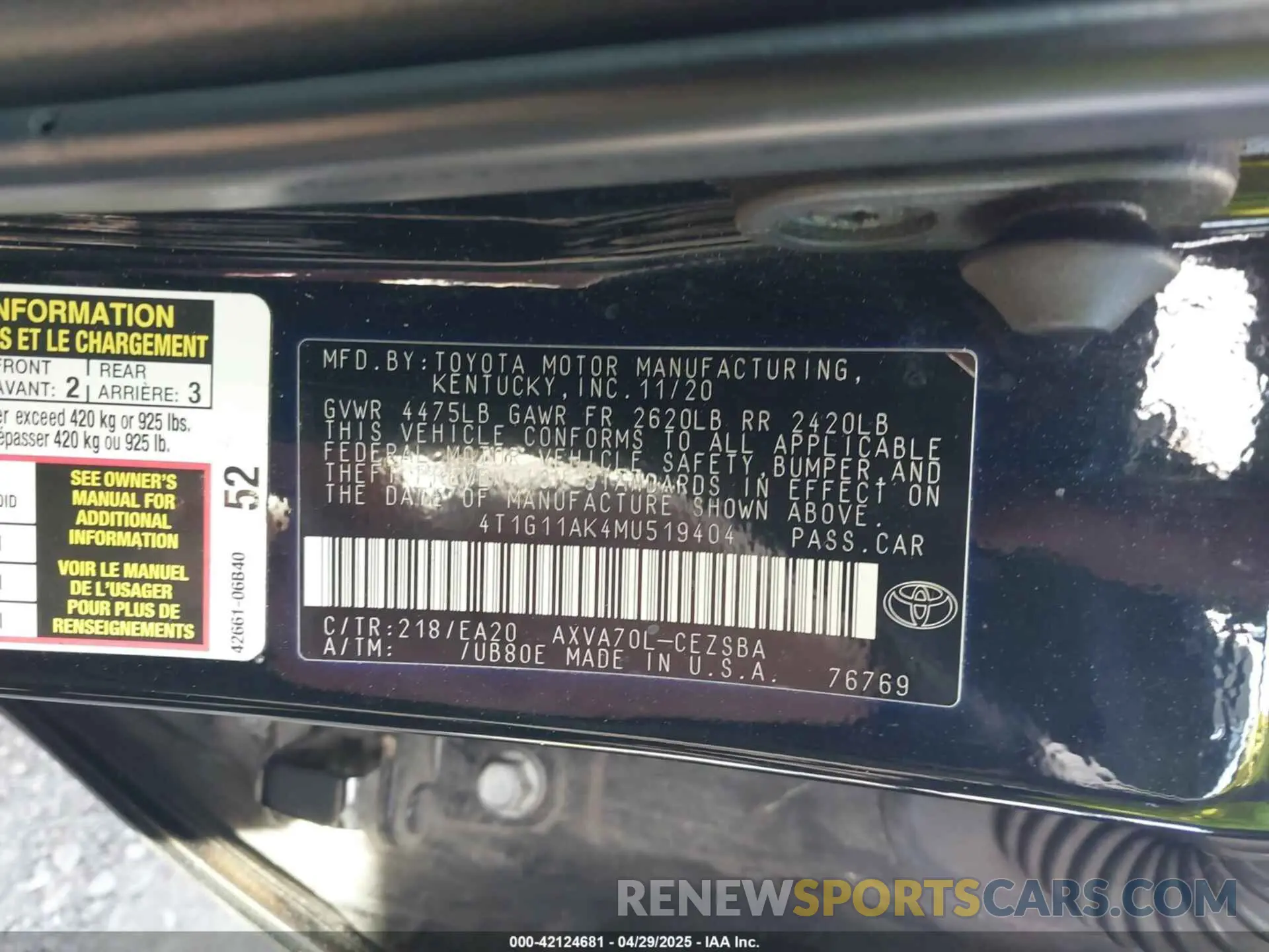 9 Photograph of a damaged car 4T1G11AK4MU519404 TOYOTA CAMRY 2021