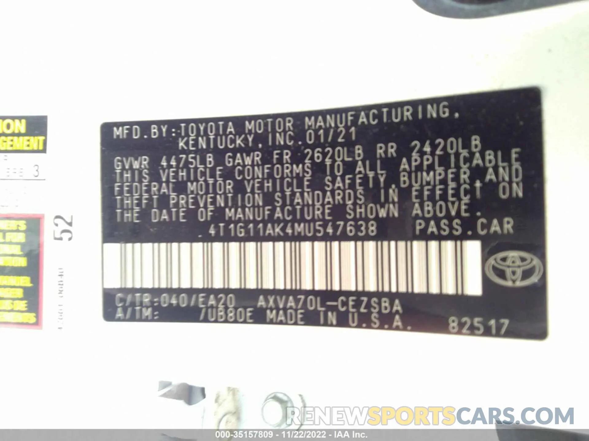 9 Photograph of a damaged car 4T1G11AK4MU547638 TOYOTA CAMRY 2021