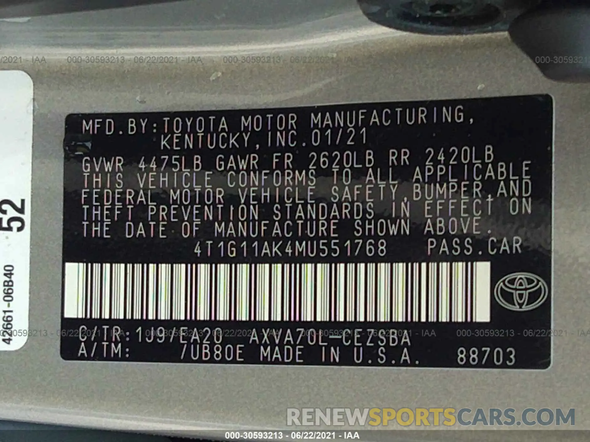 9 Photograph of a damaged car 4T1G11AK4MU551768 TOYOTA CAMRY 2021