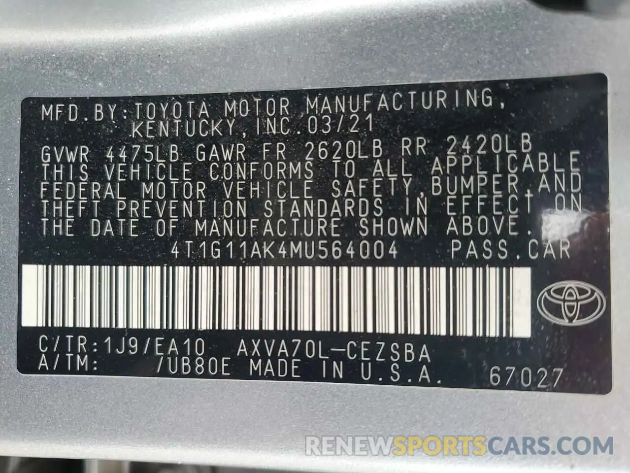 12 Photograph of a damaged car 4T1G11AK4MU564004 TOYOTA CAMRY 2021