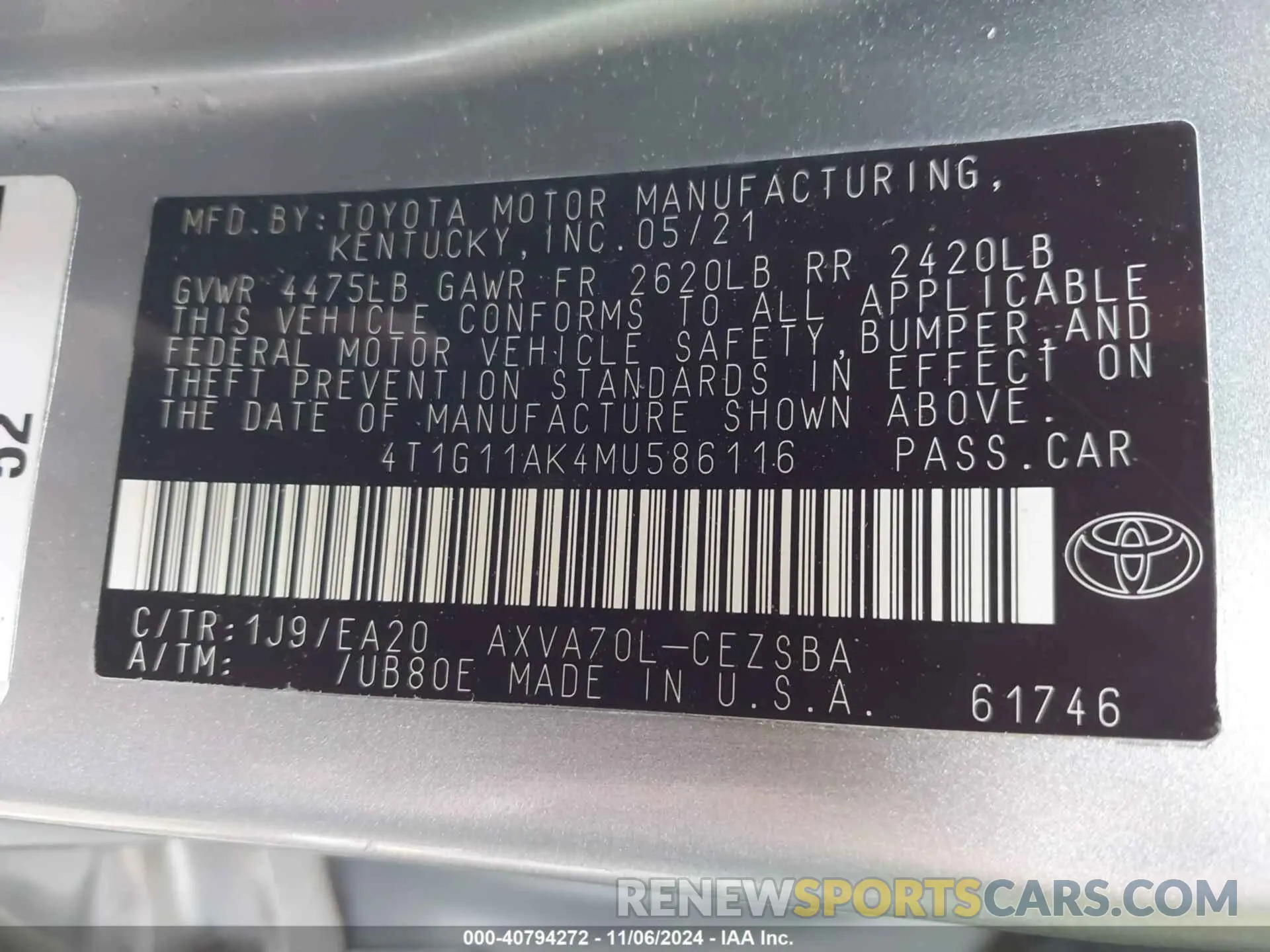 9 Фотография поврежденного автомобиля 4T1G11AK4MU586116 TOYOTA CAMRY 2021