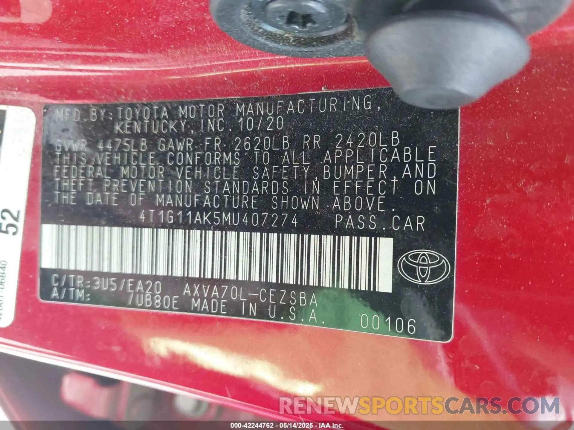 9 Фотография поврежденного автомобиля 4T1G11AK5MU407274 TOYOTA CAMRY 2021