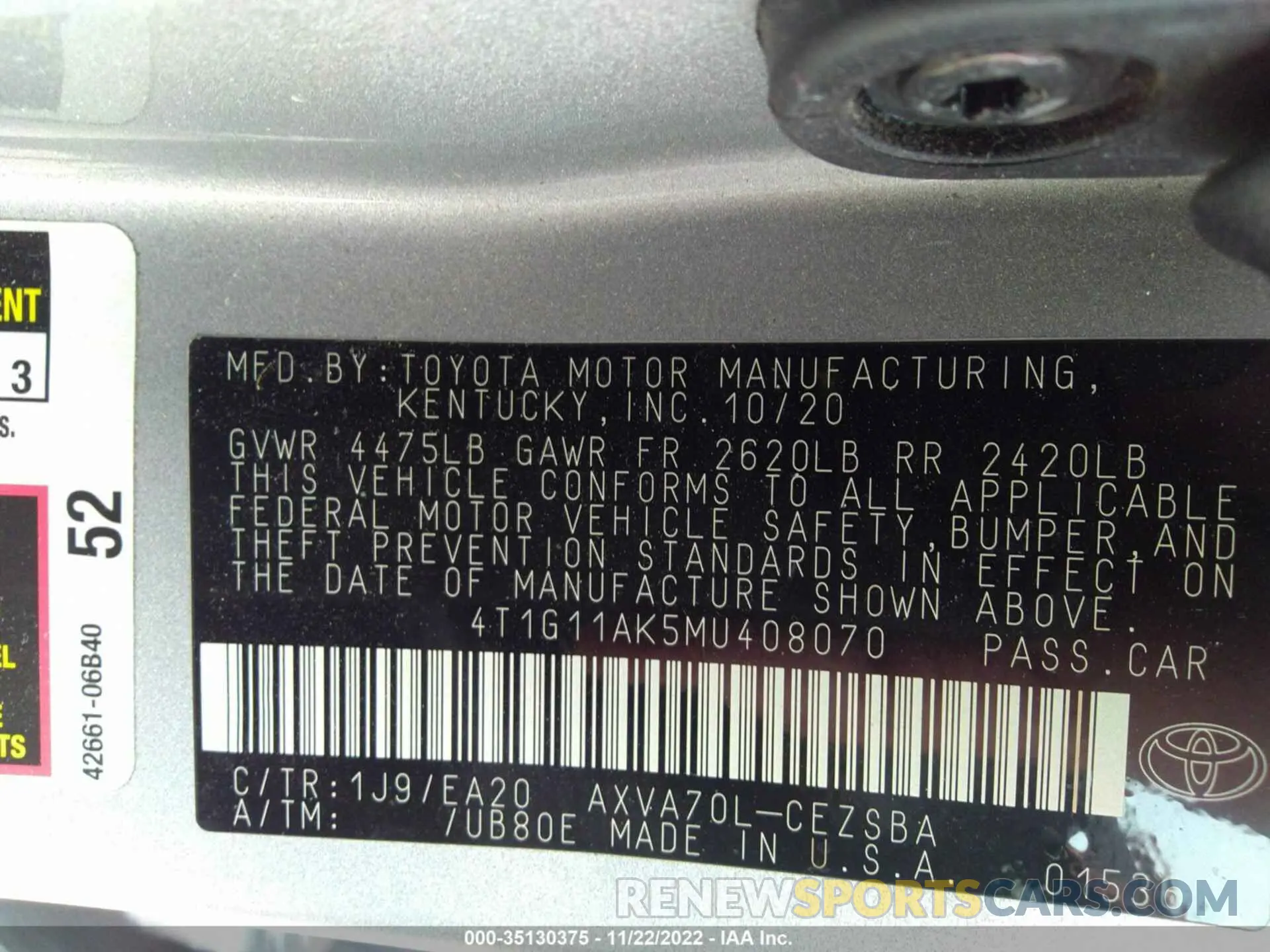 9 Photograph of a damaged car 4T1G11AK5MU408070 TOYOTA CAMRY 2021