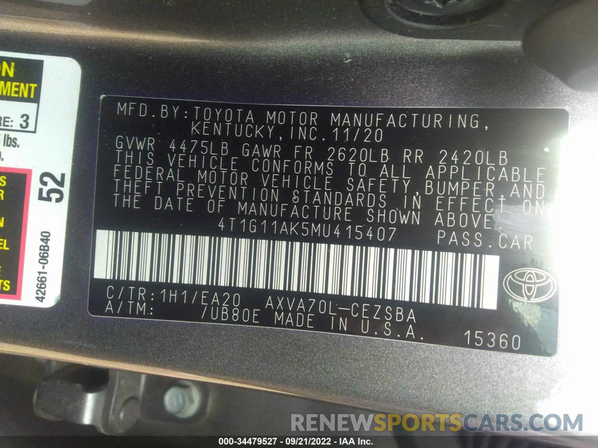 9 Фотография поврежденного автомобиля 4T1G11AK5MU415407 TOYOTA CAMRY 2021