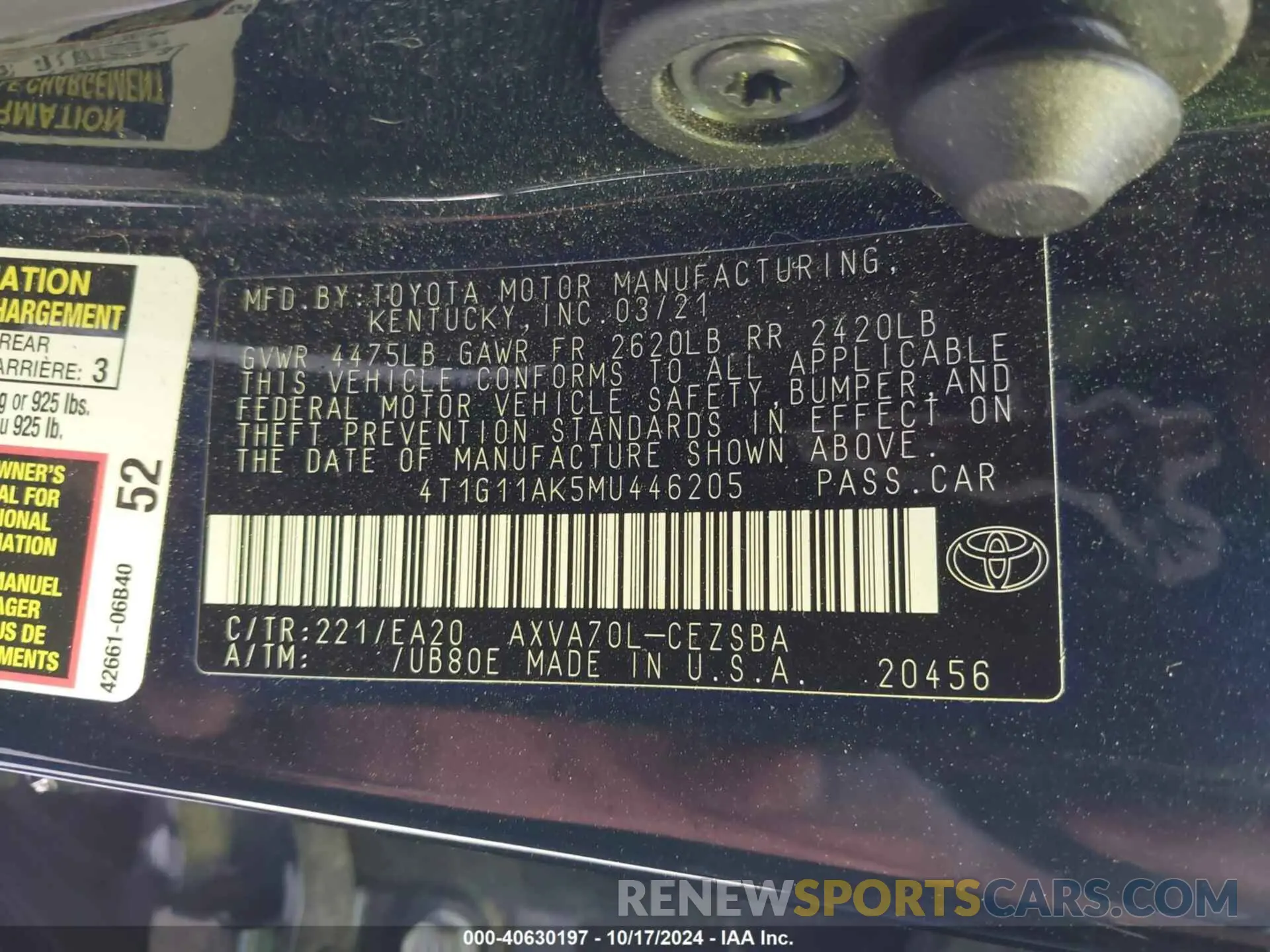 9 Photograph of a damaged car 4T1G11AK5MU446205 TOYOTA CAMRY 2021