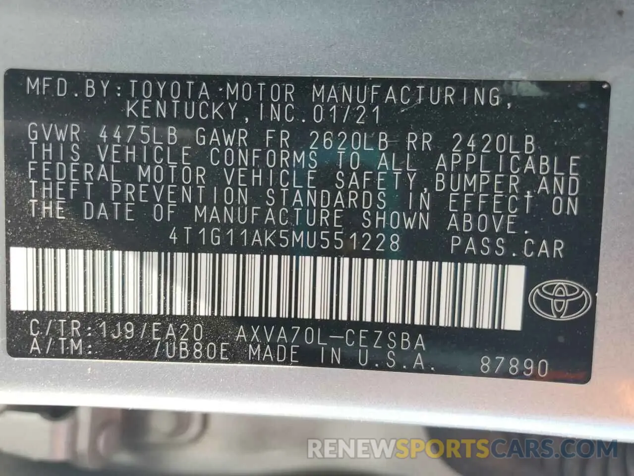 13 Photograph of a damaged car 4T1G11AK5MU551228 TOYOTA CAMRY 2021