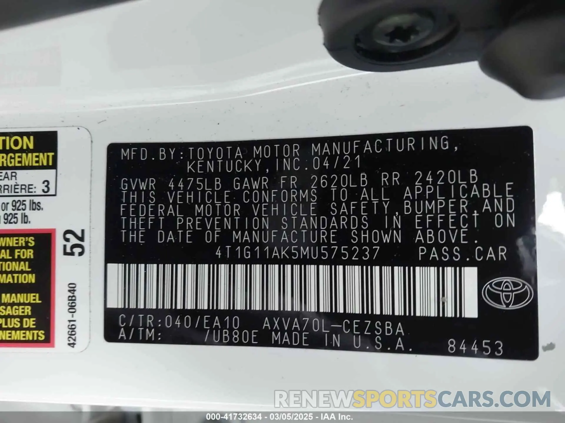 9 Photograph of a damaged car 4T1G11AK5MU575237 TOYOTA CAMRY 2021