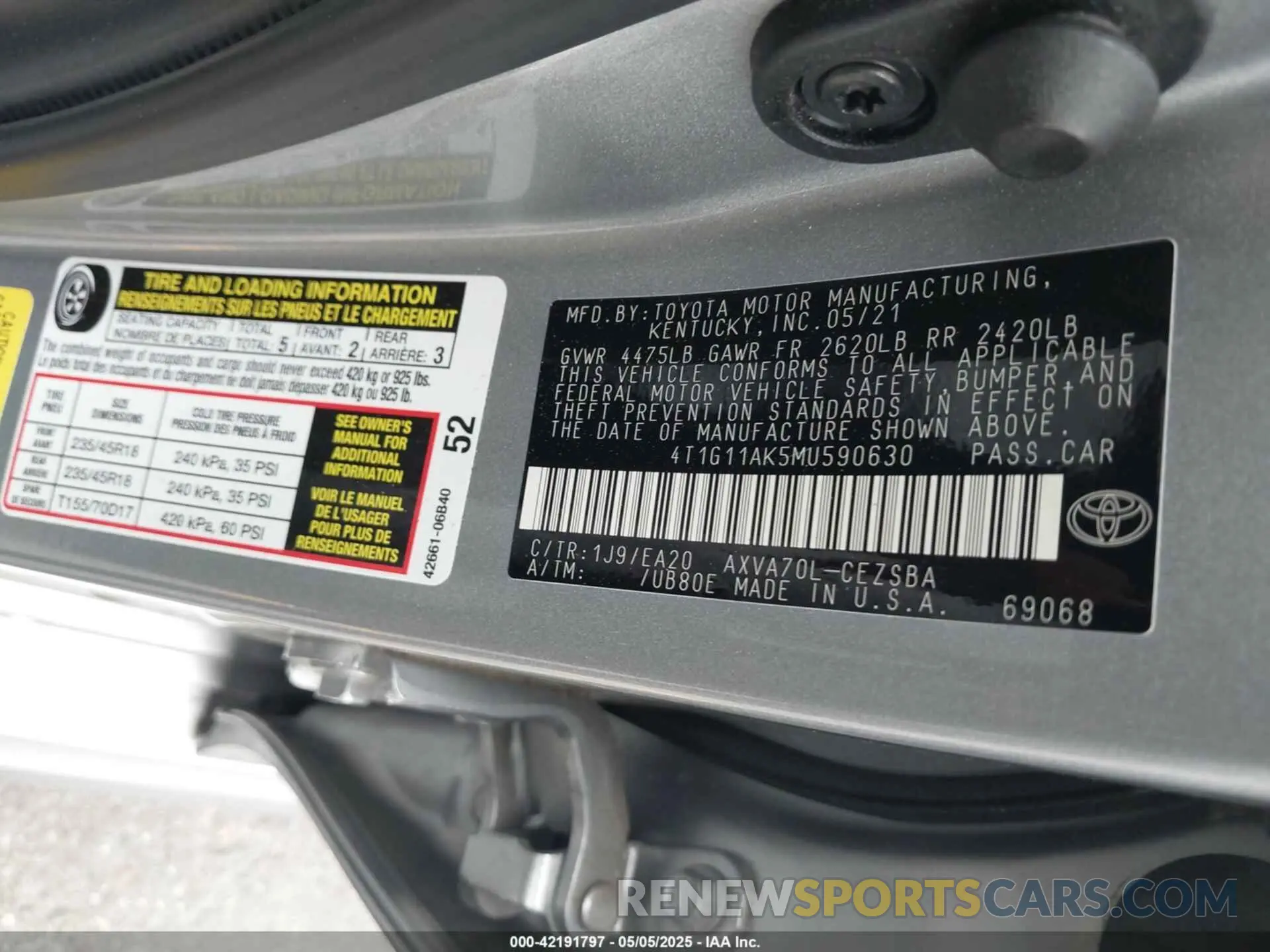 9 Фотография поврежденного автомобиля 4T1G11AK5MU590630 TOYOTA CAMRY 2021