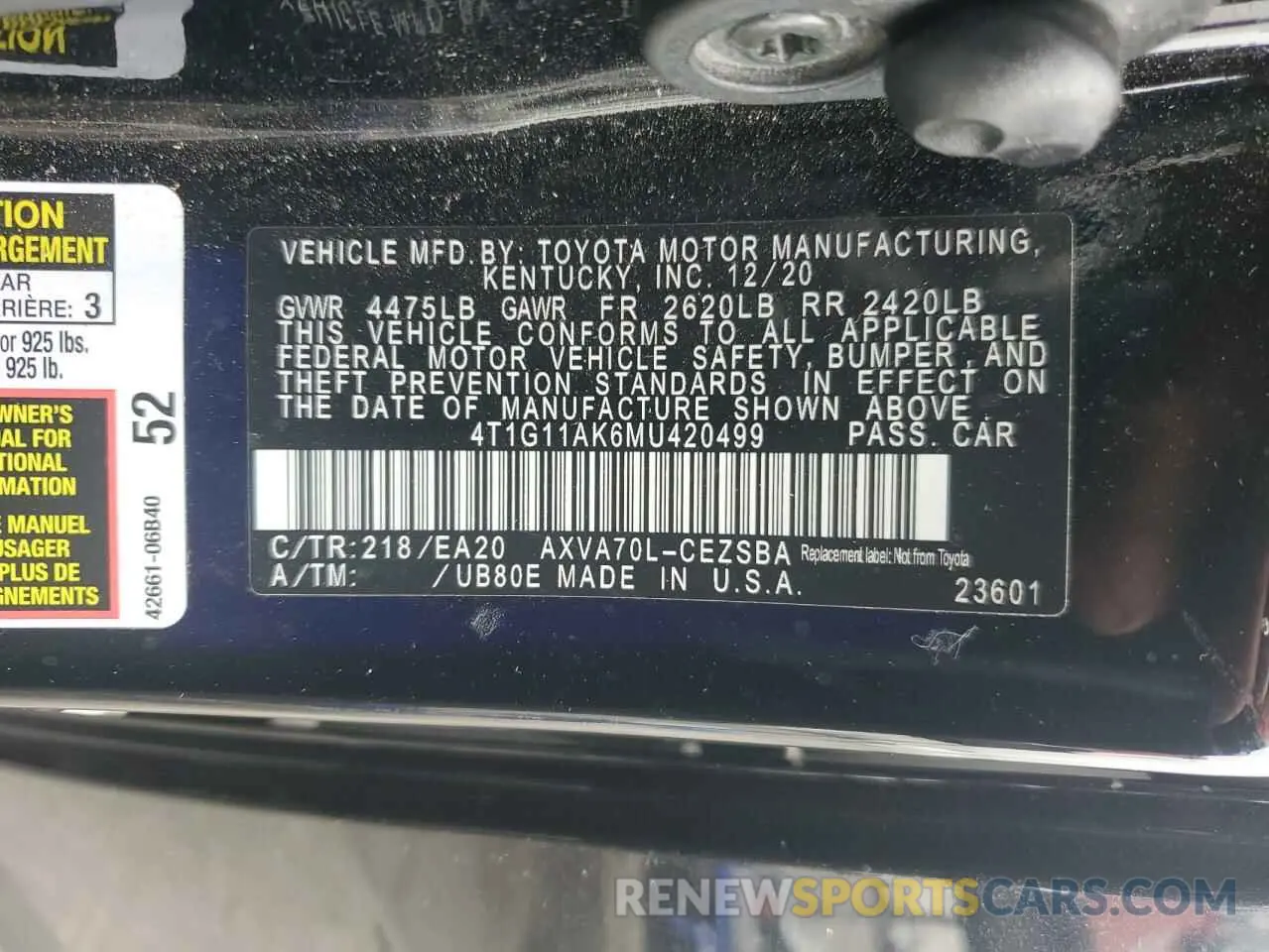 14 Фотография поврежденного автомобиля 4T1G11AK6MU420499 TOYOTA CAMRY 2021