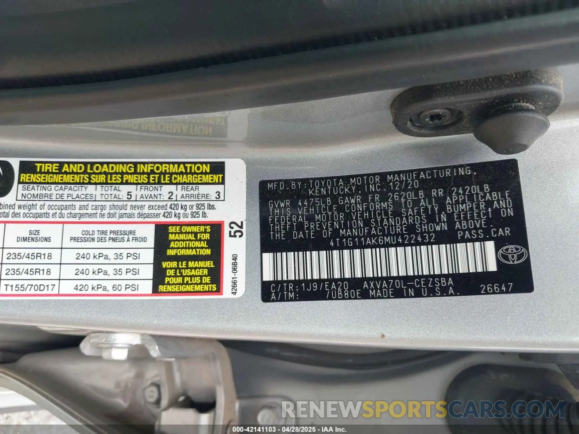 9 Фотография поврежденного автомобиля 4T1G11AK6MU422432 TOYOTA CAMRY 2021