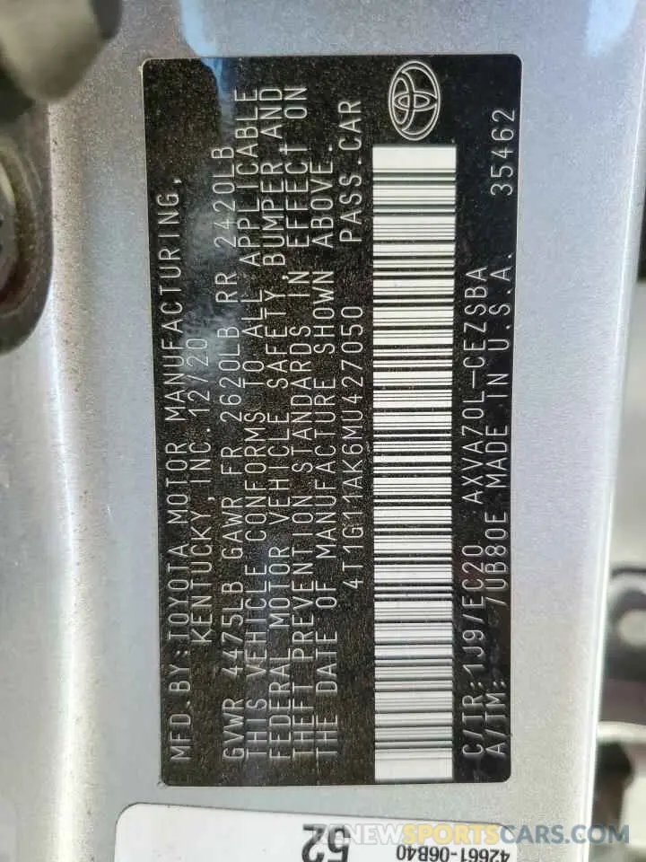 12 Photograph of a damaged car 4T1G11AK6MU427050 TOYOTA CAMRY 2021