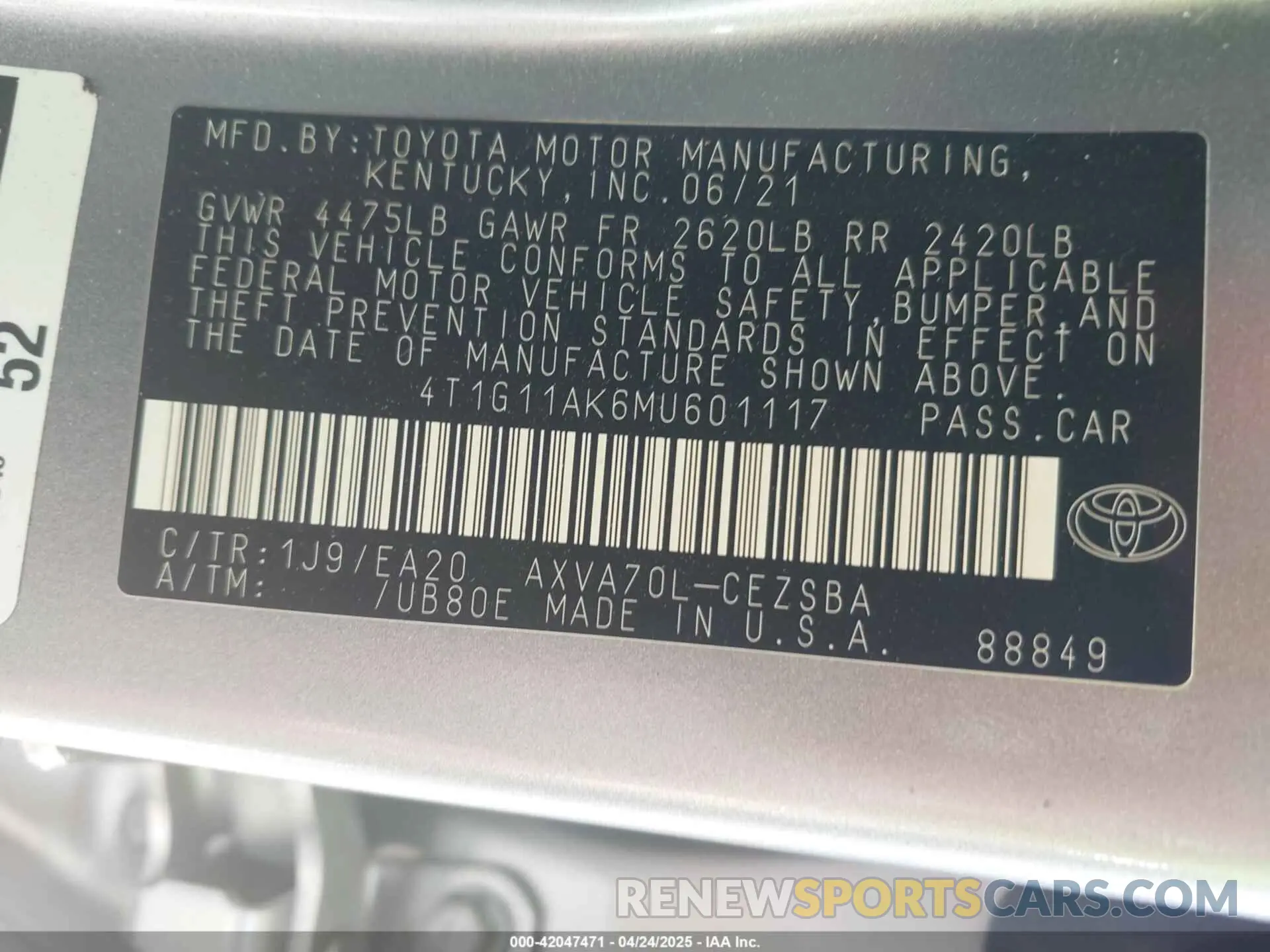 9 Фотография поврежденного автомобиля 4T1G11AK6MU601117 TOYOTA CAMRY 2021
