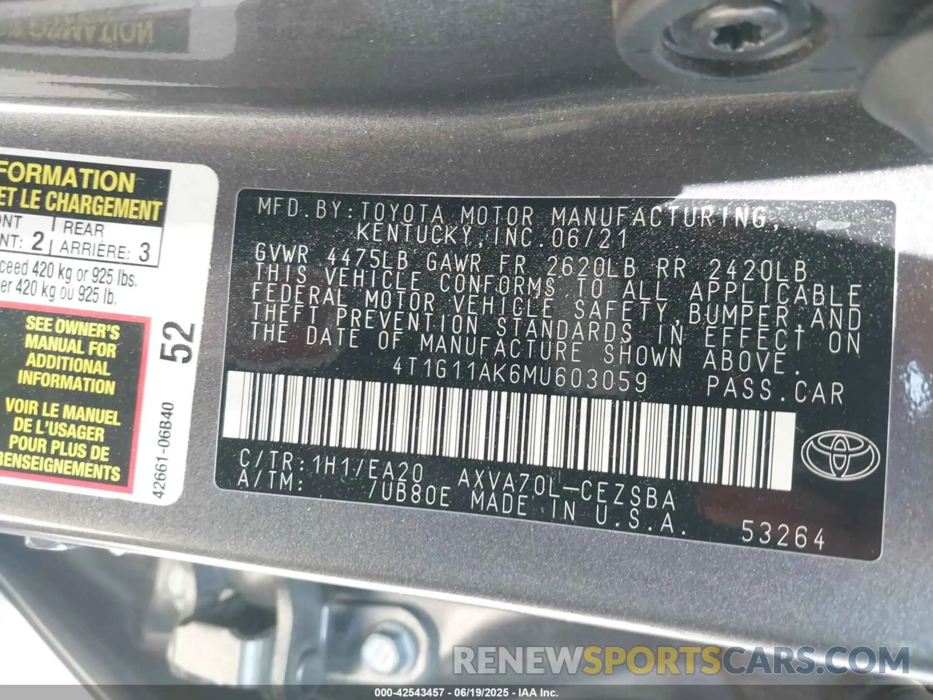 9 Photograph of a damaged car 4T1G11AK6MU603059 TOYOTA CAMRY 2021