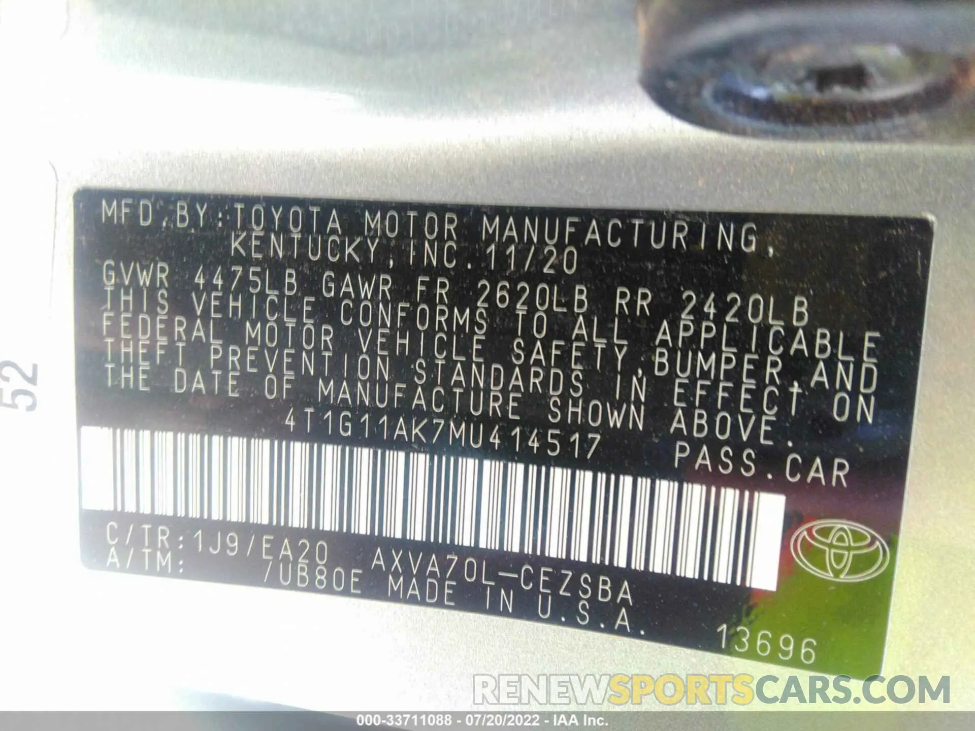 9 Photograph of a damaged car 4T1G11AK7MU414517 TOYOTA CAMRY 2021