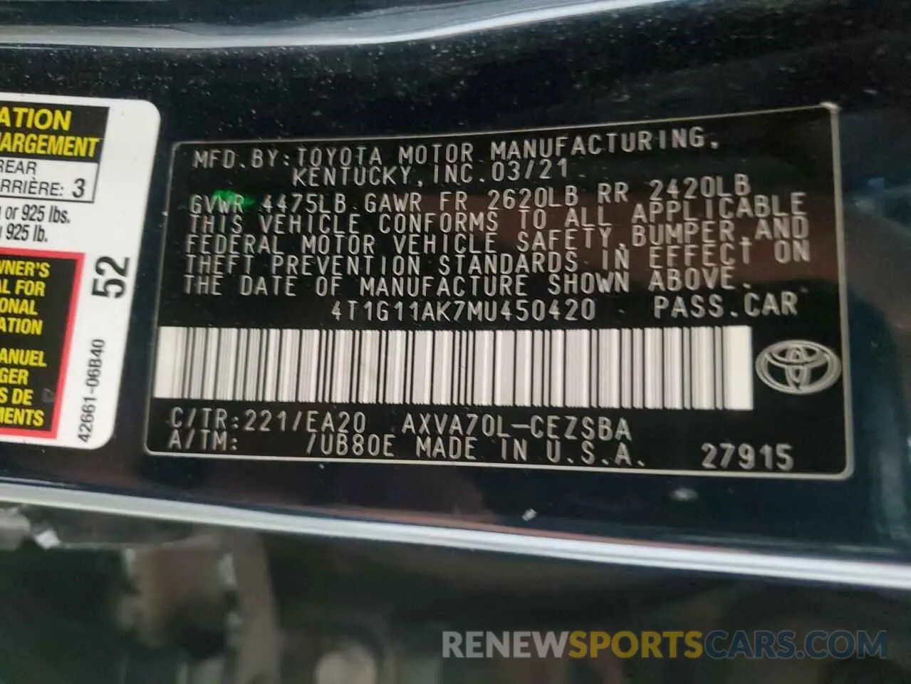 12 Photograph of a damaged car 4T1G11AK7MU450420 TOYOTA CAMRY 2021