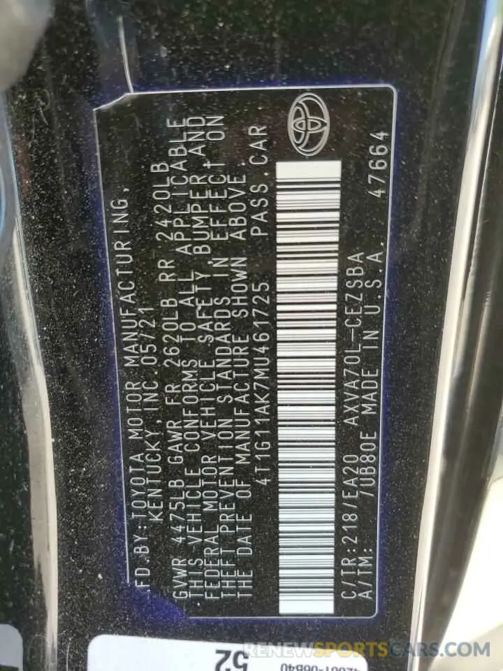 12 Фотография поврежденного автомобиля 4T1G11AK7MU461725 TOYOTA CAMRY 2021