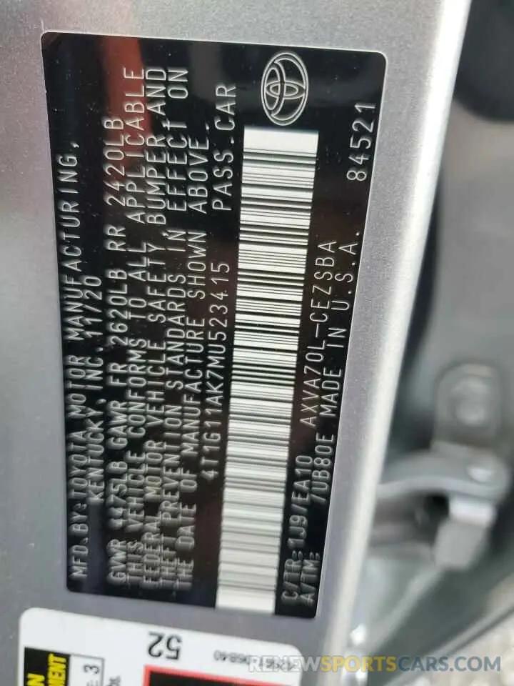 12 Photograph of a damaged car 4T1G11AK7MU523415 TOYOTA CAMRY 2021