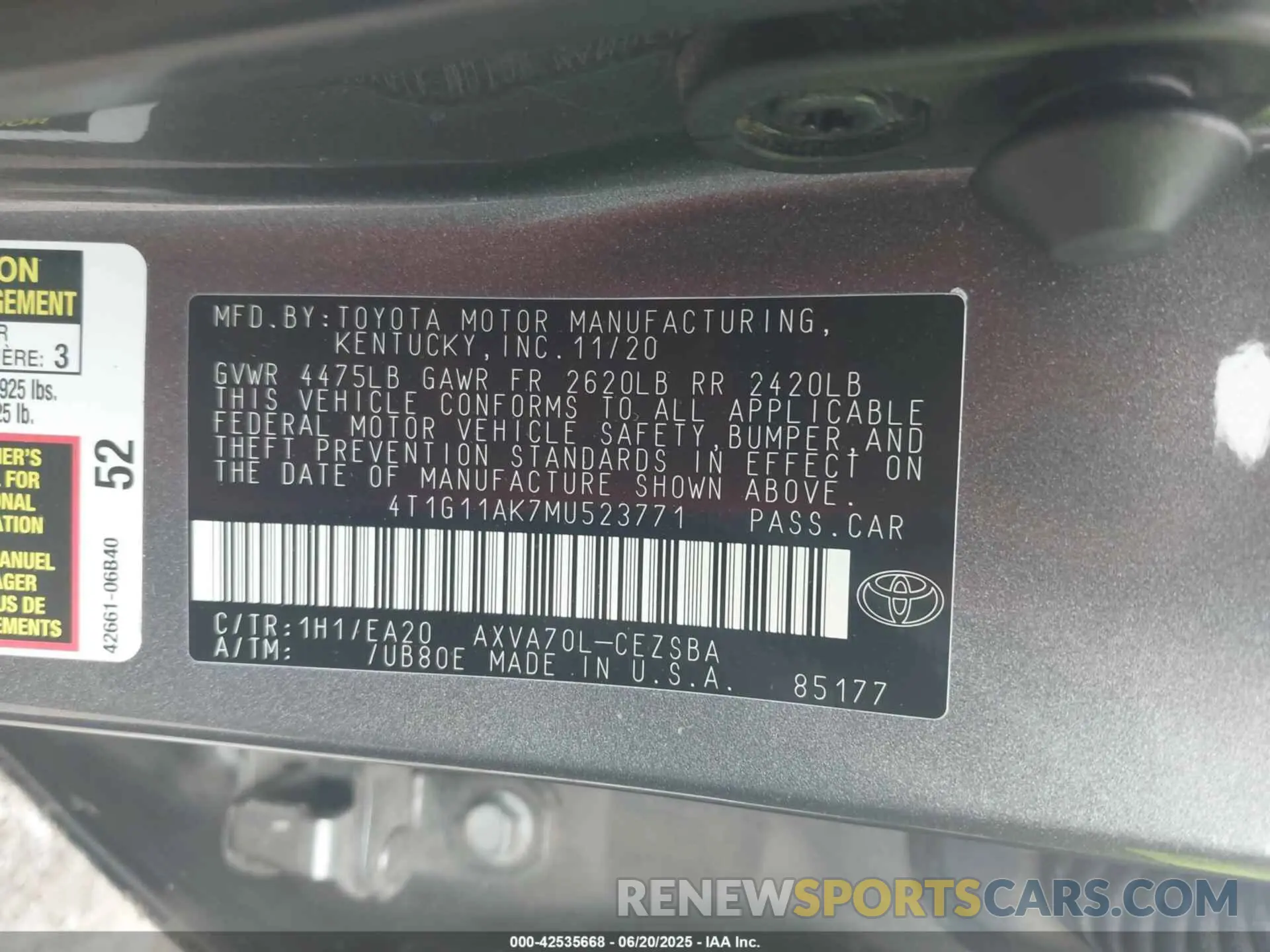 9 Photograph of a damaged car 4T1G11AK7MU523771 TOYOTA CAMRY 2021