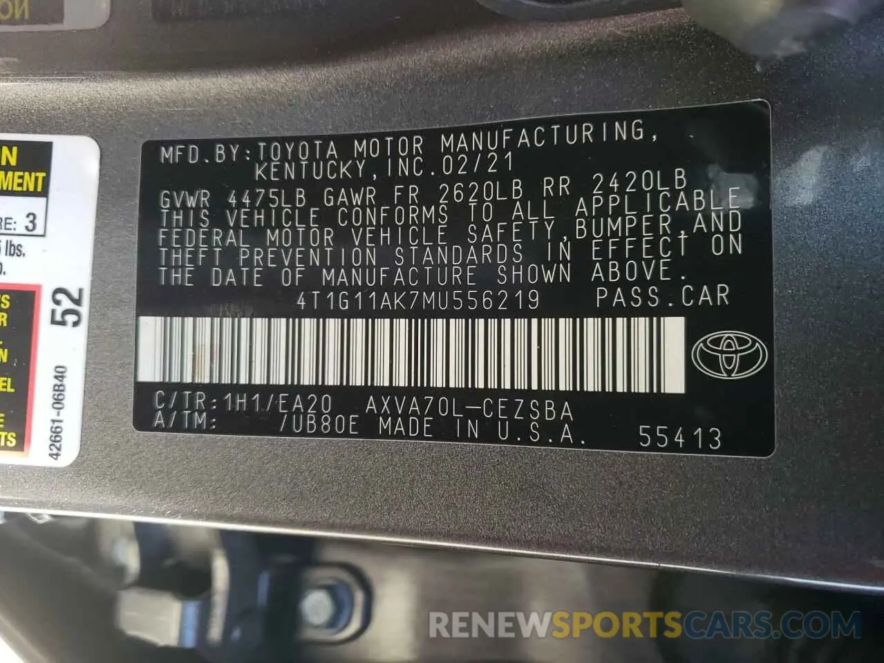 10 Фотография поврежденного автомобиля 4T1G11AK7MU556219 TOYOTA CAMRY 2021