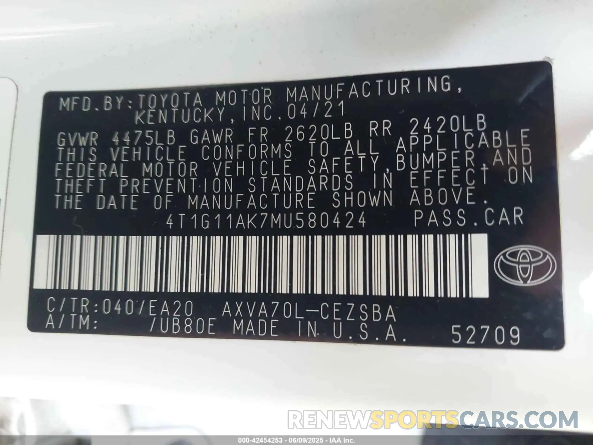 9 Photograph of a damaged car 4T1G11AK7MU580424 TOYOTA CAMRY 2021