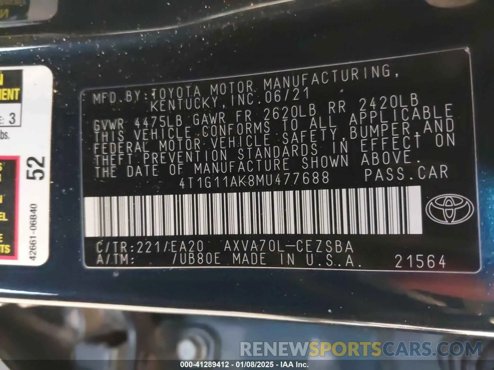 9 Photograph of a damaged car 4T1G11AK8MU477688 TOYOTA CAMRY 2021