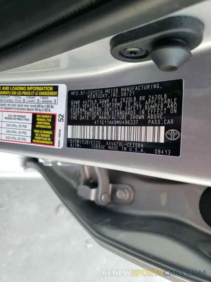 10 Photograph of a damaged car 4T1G11AK8MU496337 TOYOTA CAMRY 2021