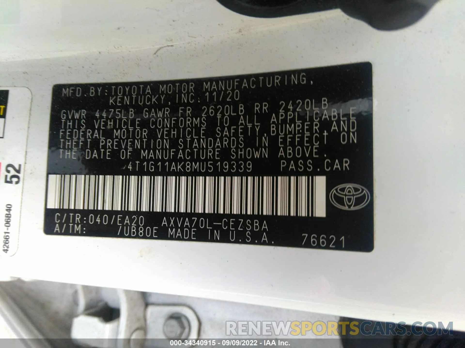 9 Фотография поврежденного автомобиля 4T1G11AK8MU519339 TOYOTA CAMRY 2021