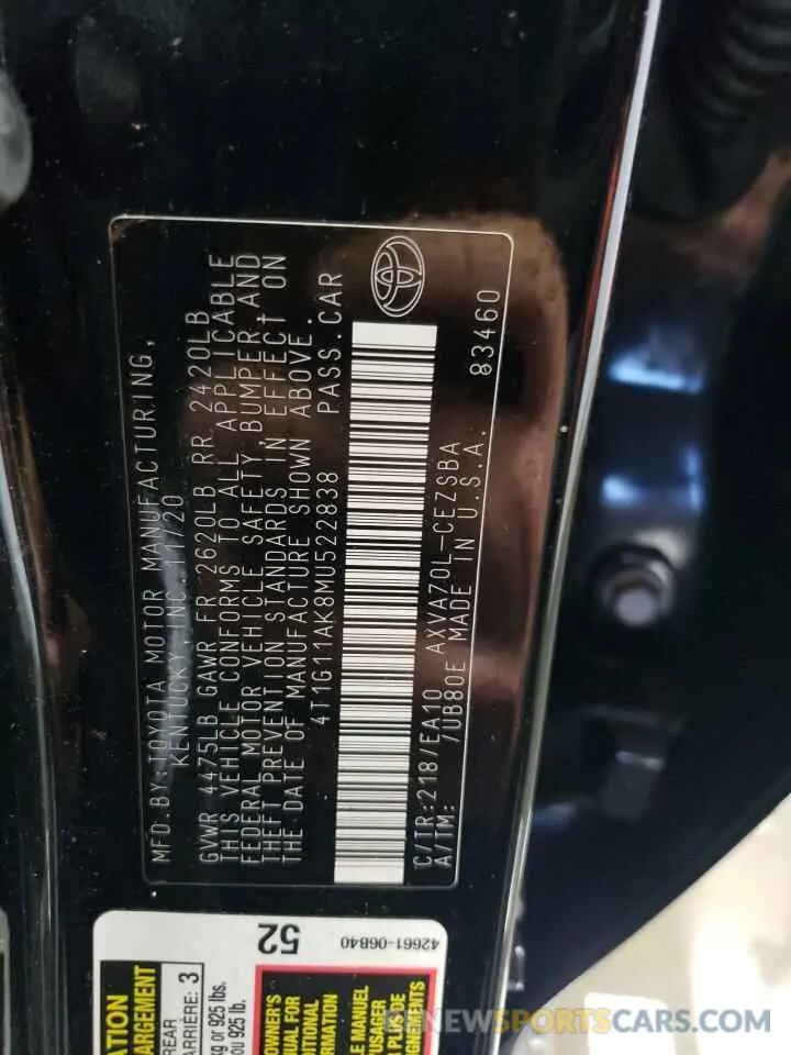 12 Photograph of a damaged car 4T1G11AK8MU522838 TOYOTA CAMRY 2021