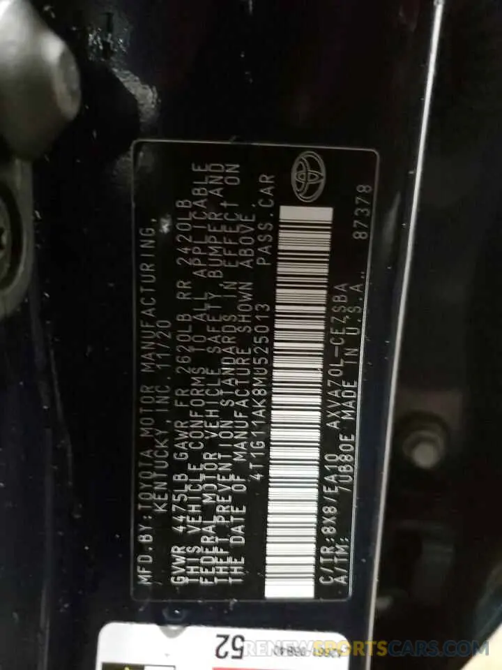 13 Фотография поврежденного автомобиля 4T1G11AK8MU525013 TOYOTA CAMRY 2021