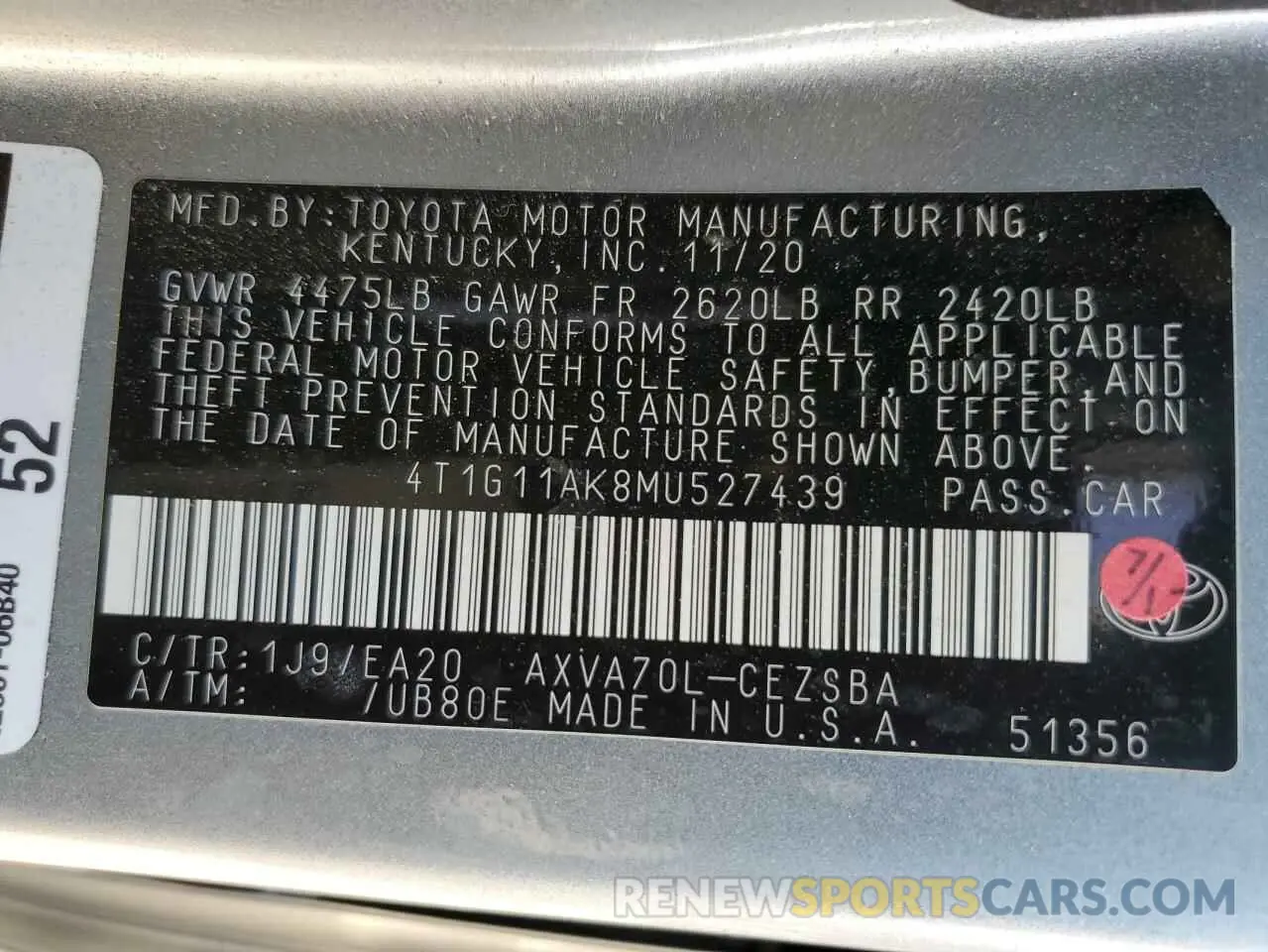 12 Фотография поврежденного автомобиля 4T1G11AK8MU527439 TOYOTA CAMRY 2021