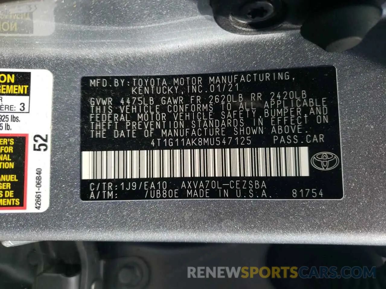 10 Photograph of a damaged car 4T1G11AK8MU547125 TOYOTA CAMRY 2021