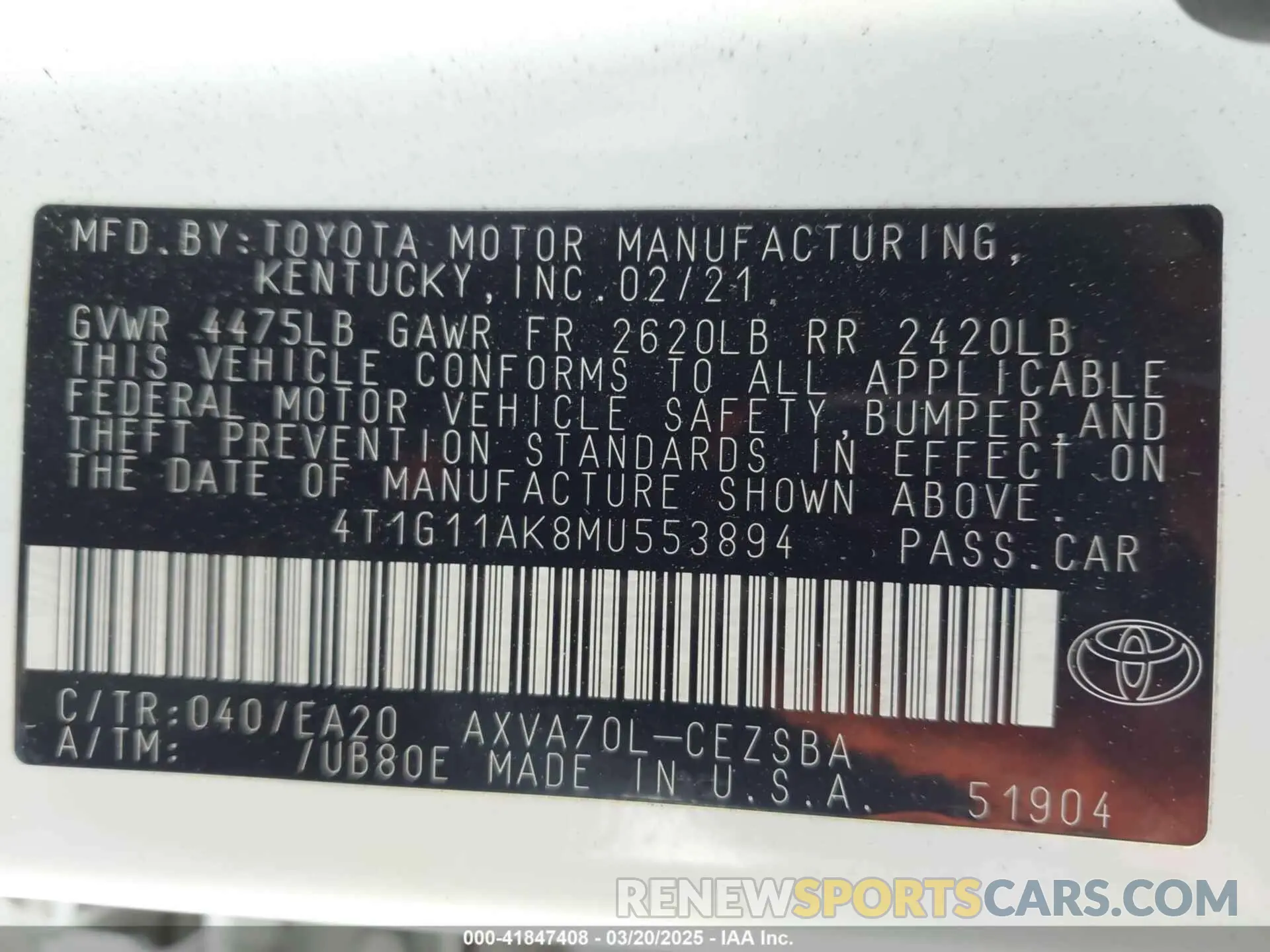 9 Photograph of a damaged car 4T1G11AK8MU553894 TOYOTA CAMRY 2021