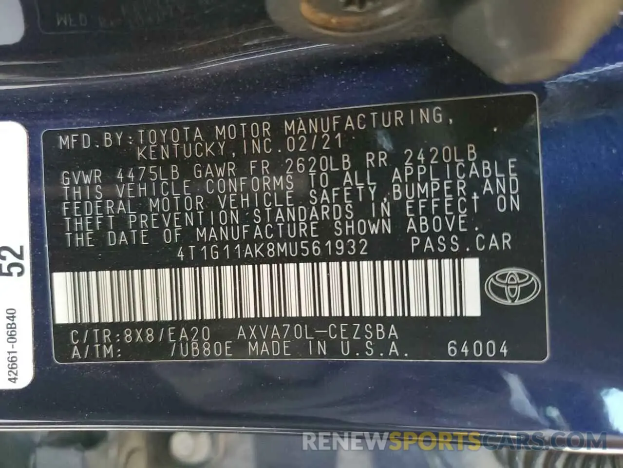 12 Photograph of a damaged car 4T1G11AK8MU561932 TOYOTA CAMRY 2021