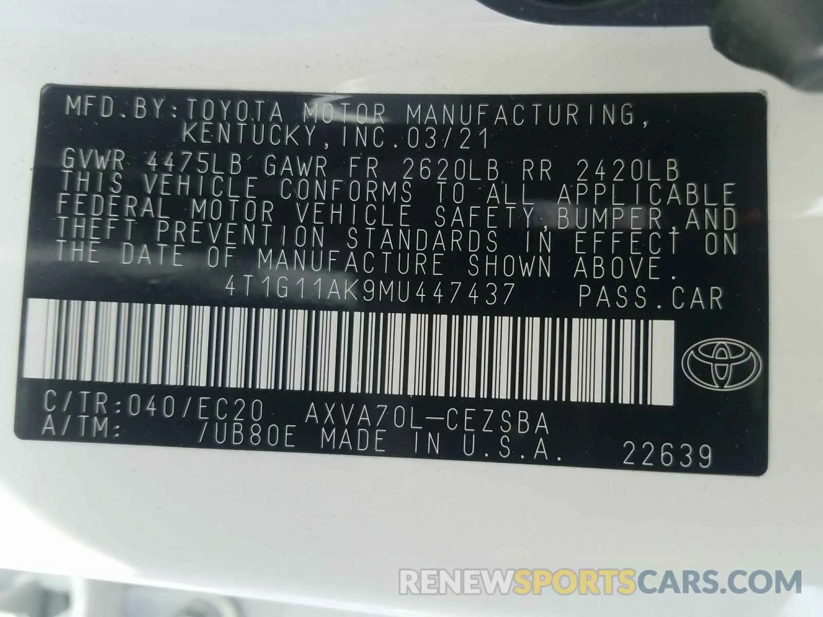 10 Photograph of a damaged car 4T1G11AK9MU447437 TOYOTA CAMRY 2021