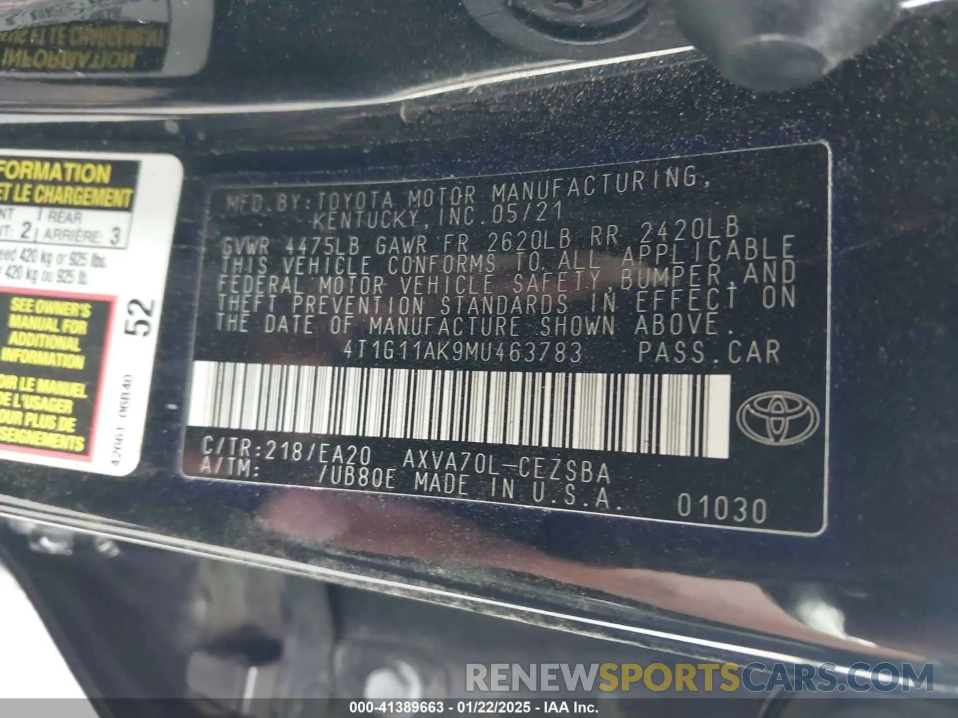 9 Photograph of a damaged car 4T1G11AK9MU463783 TOYOTA CAMRY 2021