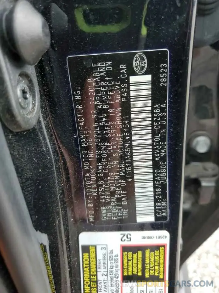 12 Фотография поврежденного автомобиля 4T1G11AK9MU481541 TOYOTA CAMRY 2021