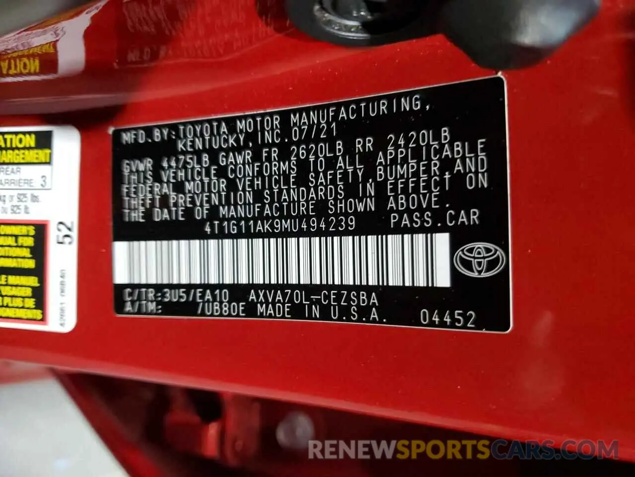 13 Фотография поврежденного автомобиля 4T1G11AK9MU494239 TOYOTA CAMRY 2021