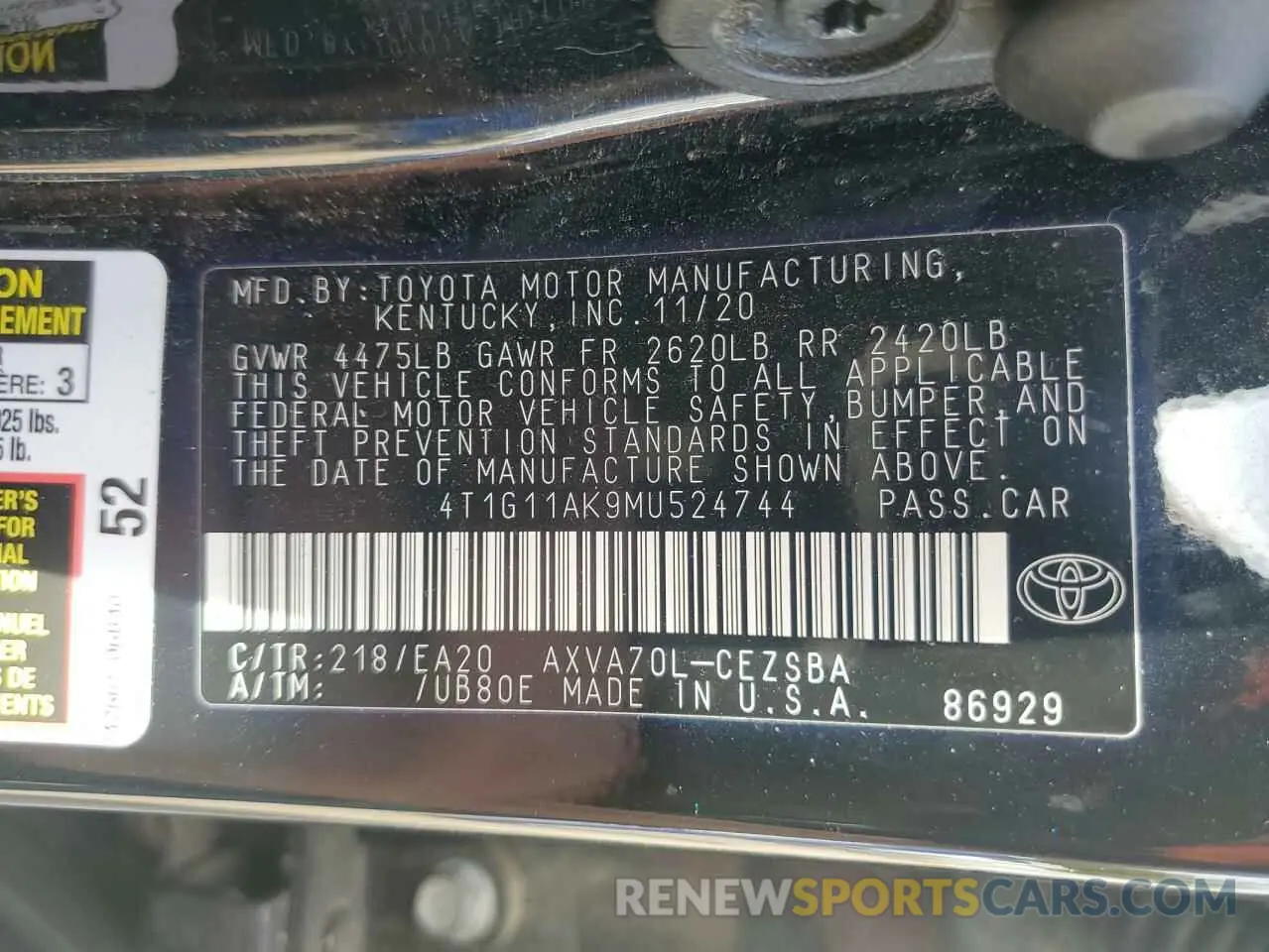12 Фотография поврежденного автомобиля 4T1G11AK9MU524744 TOYOTA CAMRY 2021