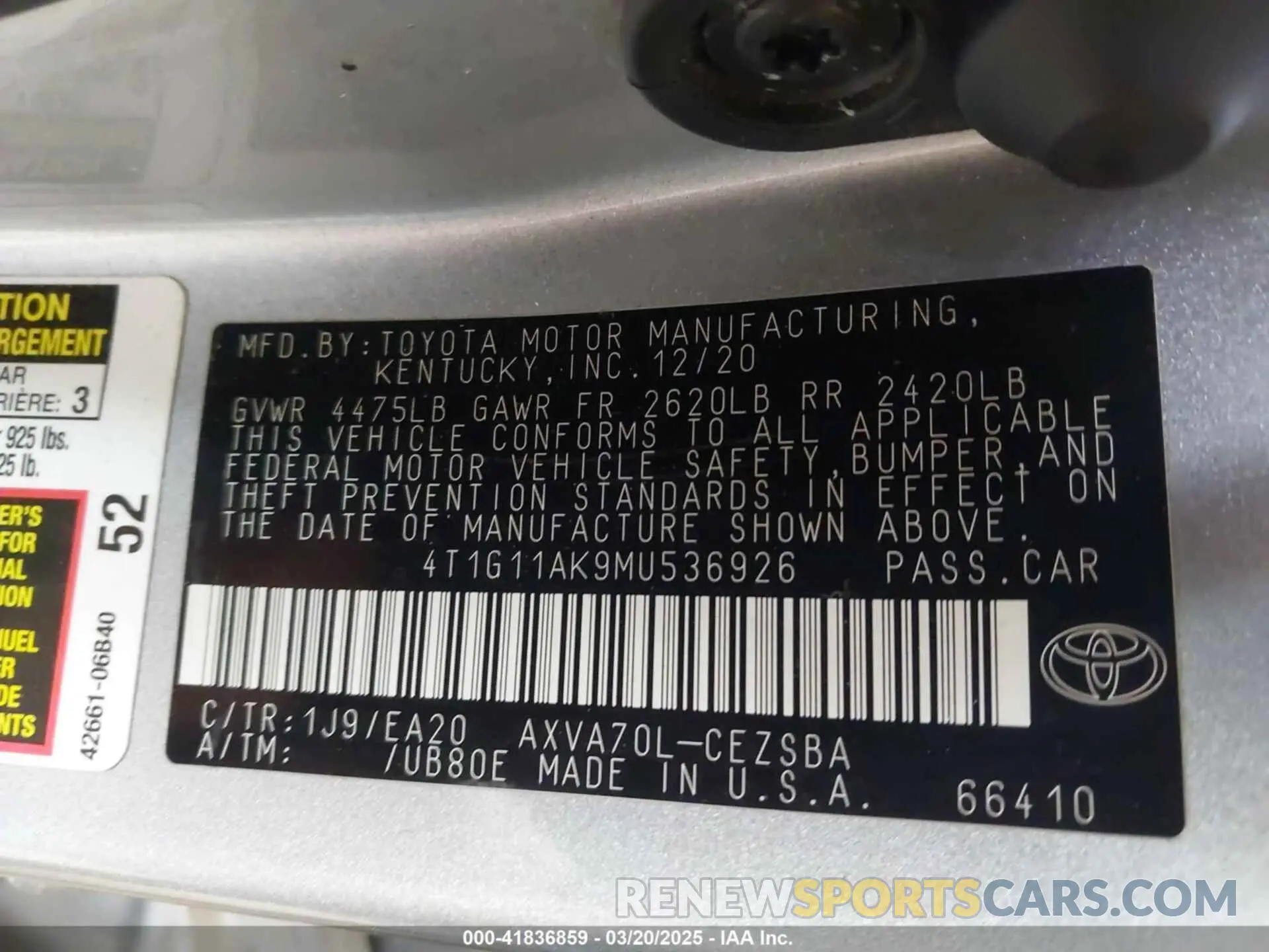 9 Фотография поврежденного автомобиля 4T1G11AK9MU536926 TOYOTA CAMRY 2021