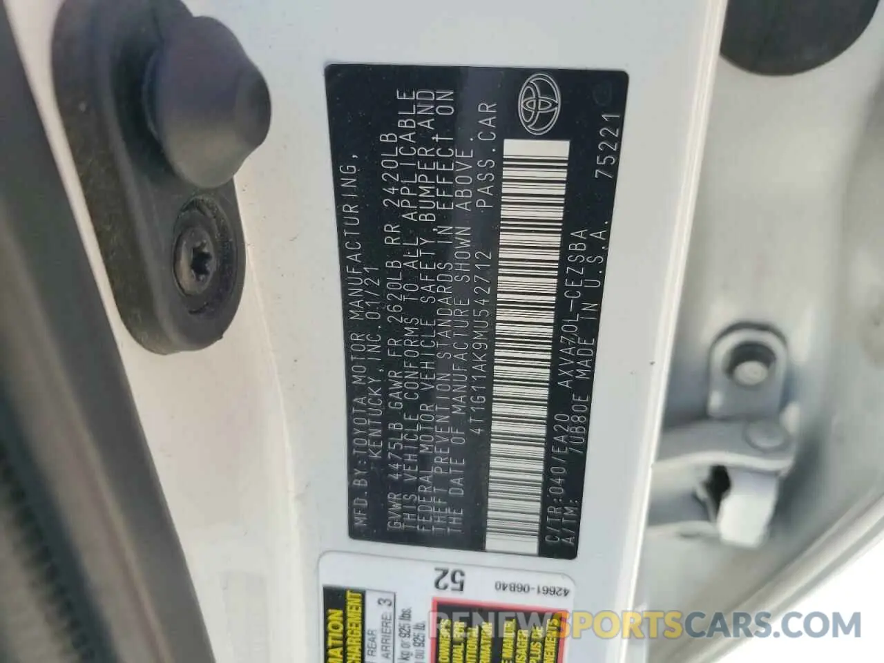 12 Фотография поврежденного автомобиля 4T1G11AK9MU542712 TOYOTA CAMRY 2021
