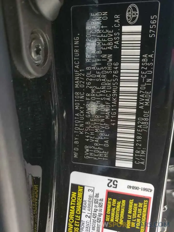 10 Photograph of a damaged car 4T1G11AK9MU557646 TOYOTA CAMRY 2021