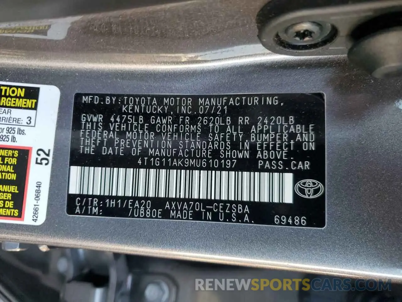 13 Photograph of a damaged car 4T1G11AK9MU610197 TOYOTA CAMRY 2021