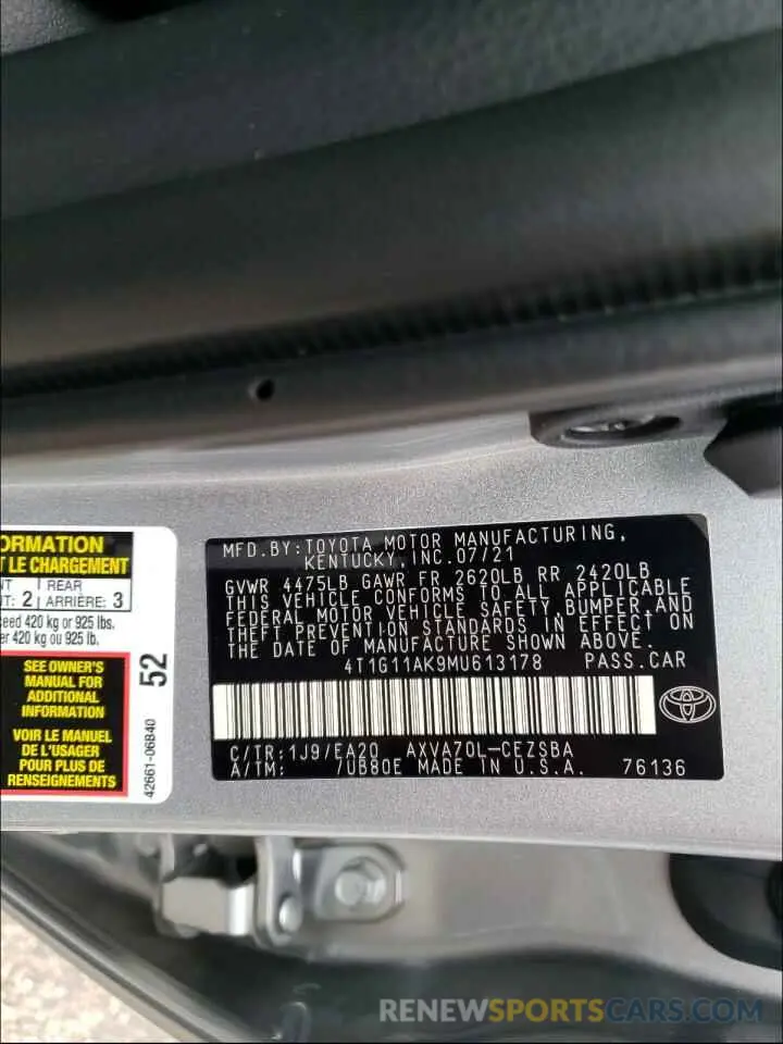 10 Фотография поврежденного автомобиля 4T1G11AK9MU613178 TOYOTA CAMRY 2021