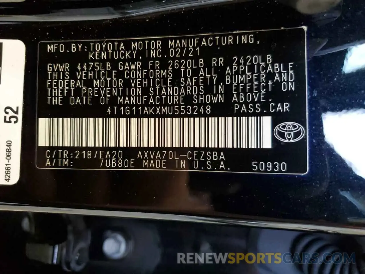 12 Фотография поврежденного автомобиля 4T1G11AKXMU553248 TOYOTA CAMRY 2021