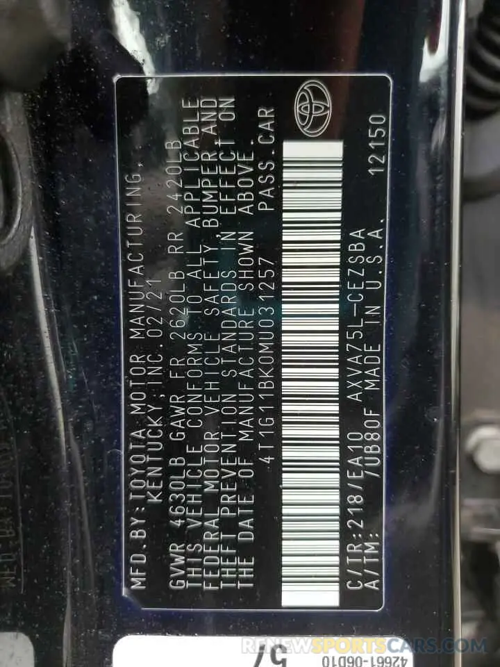 12 Фотография поврежденного автомобиля 4T1G11BK0MU031257 TOYOTA CAMRY 2021