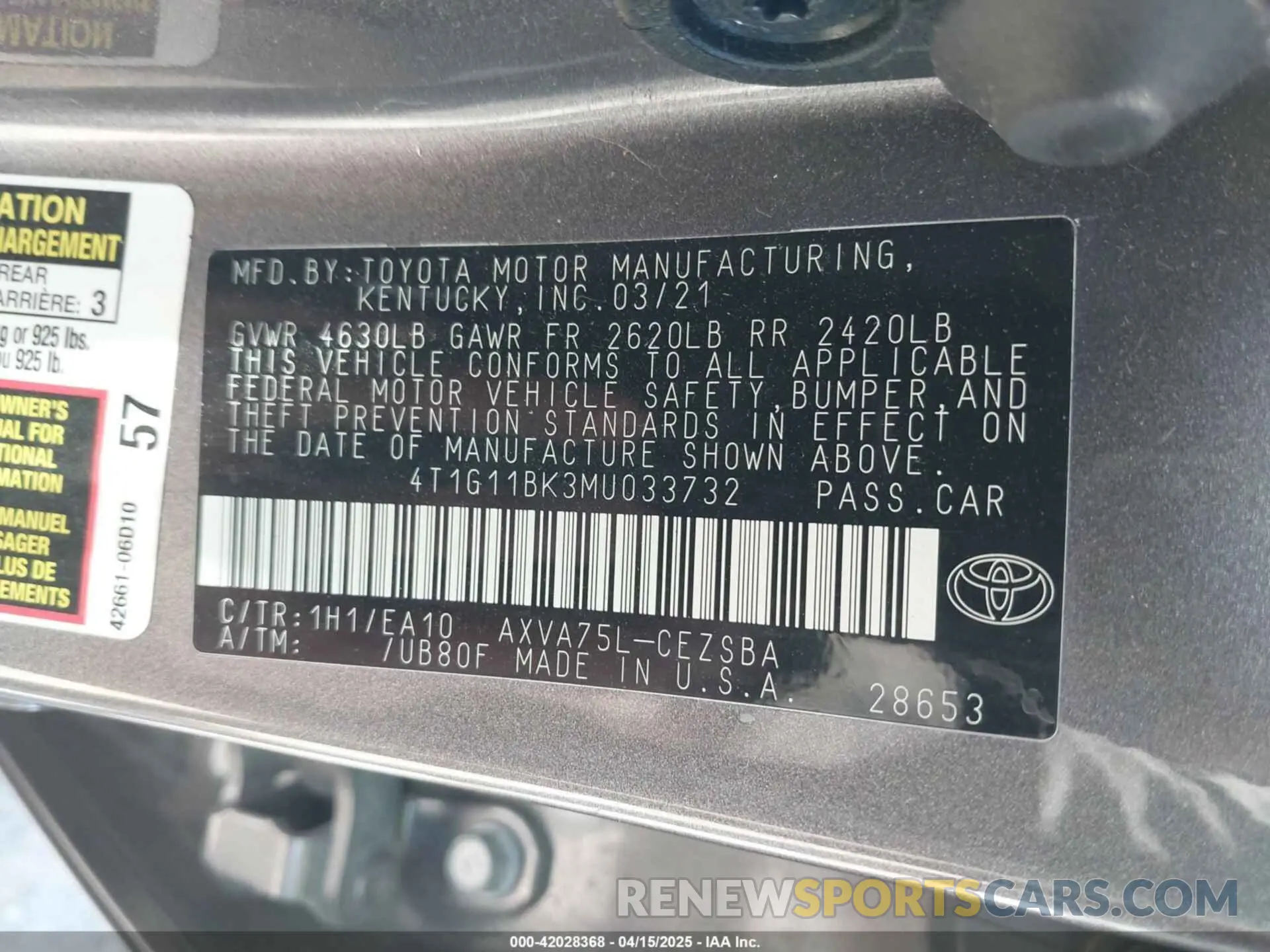 9 Фотография поврежденного автомобиля 4T1G11BK3MU033732 TOYOTA CAMRY 2021
