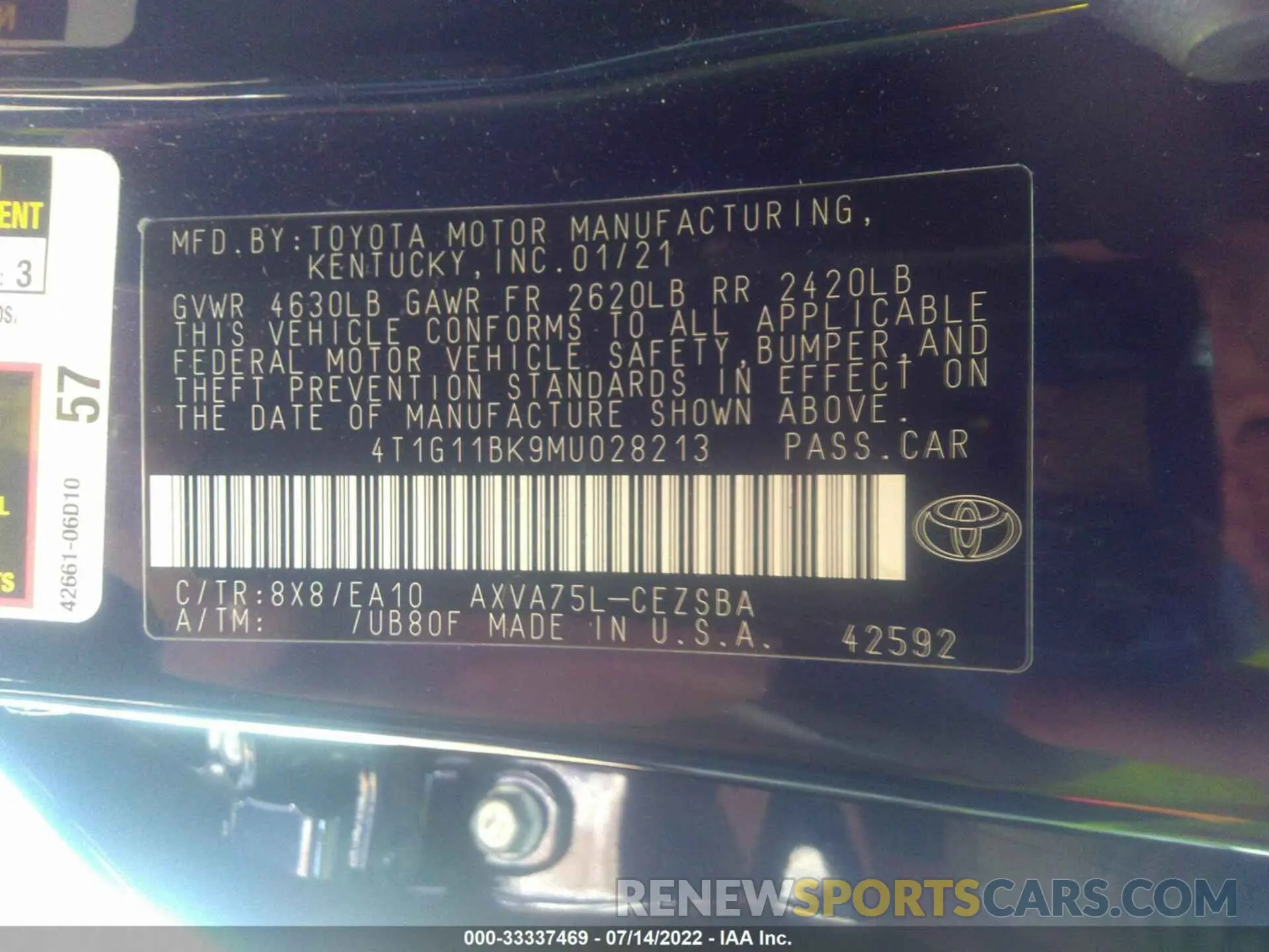 9 Photograph of a damaged car 4T1G11BK9MU028213 TOYOTA CAMRY 2021