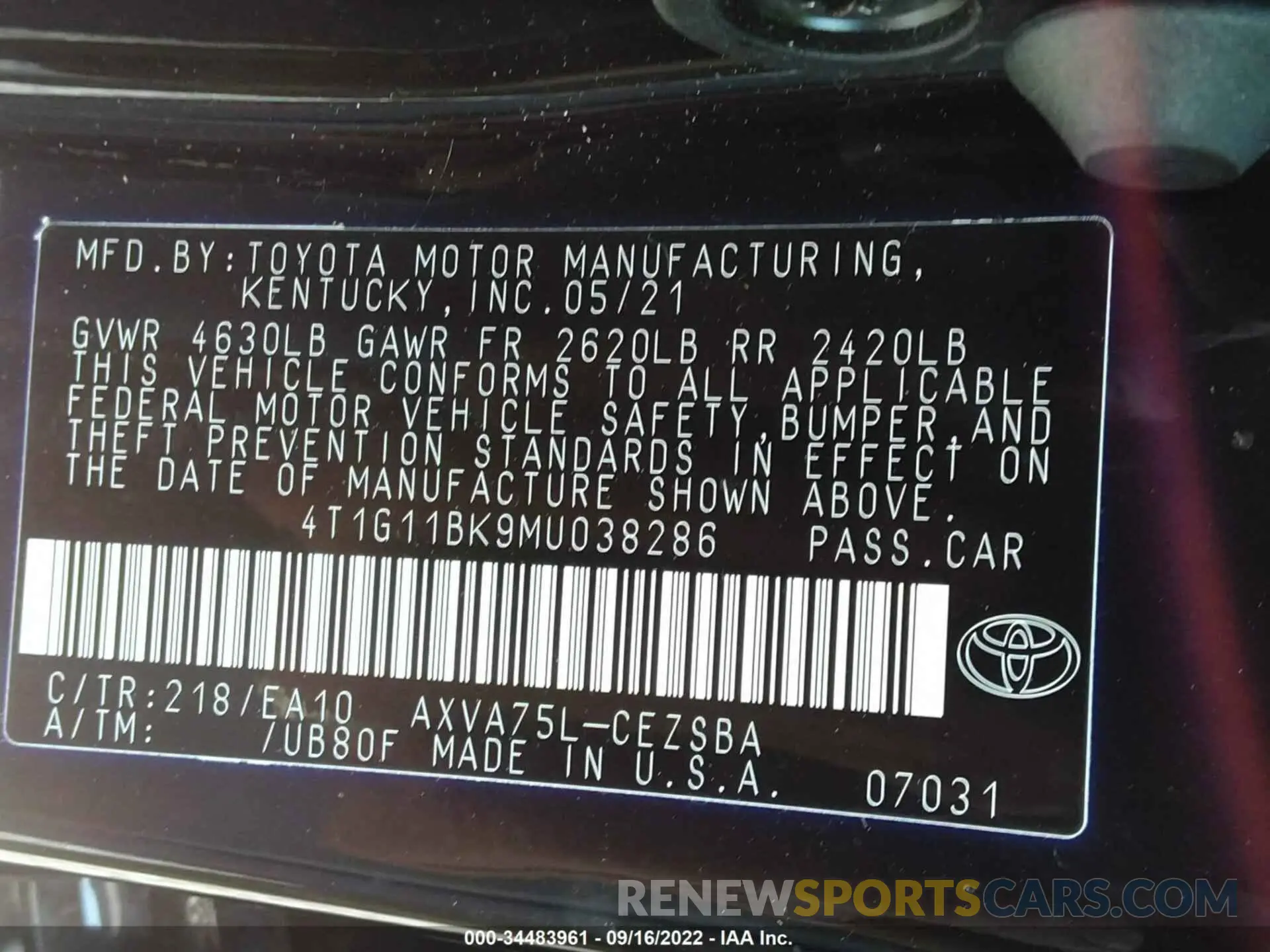 9 Фотография поврежденного автомобиля 4T1G11BK9MU038286 TOYOTA CAMRY 2021
